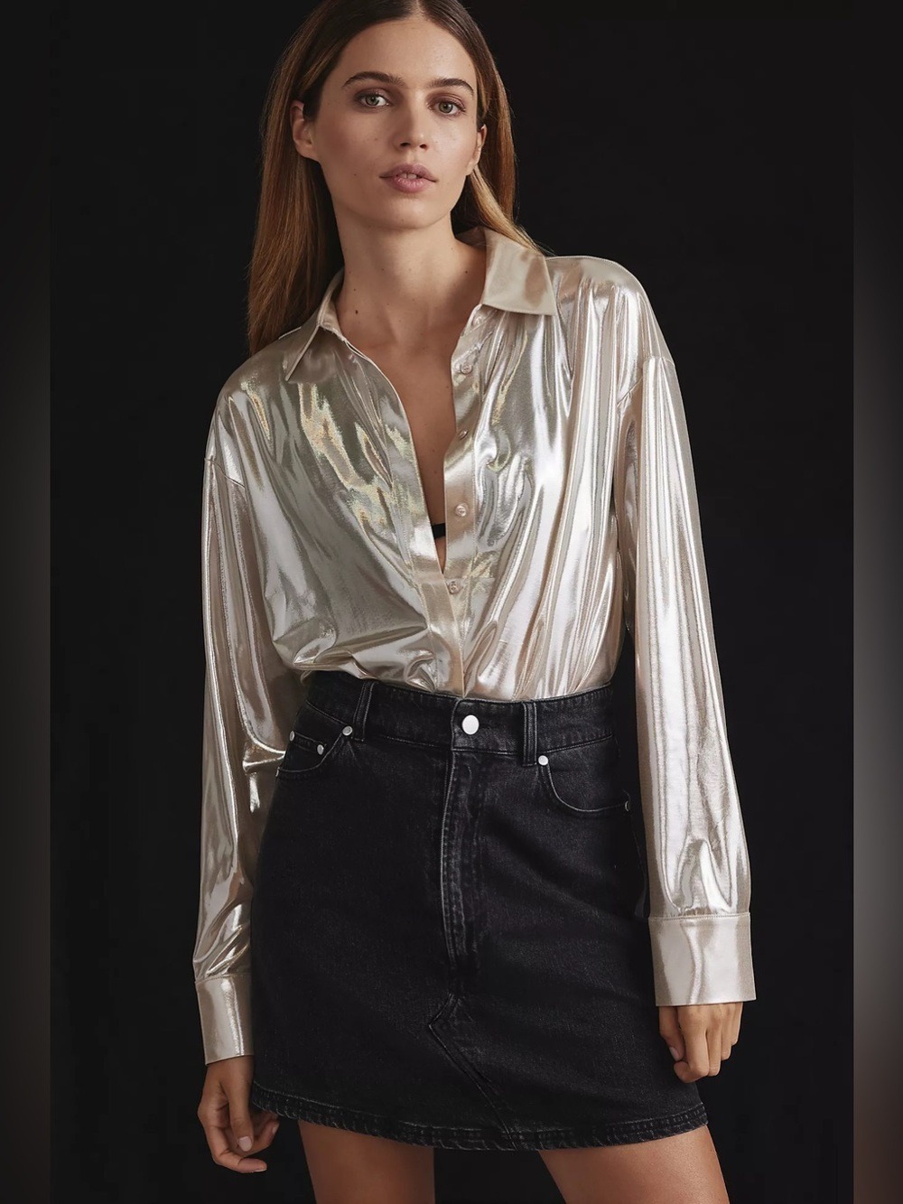 Anthropologie The Gillian Liquid Shine Buttondown Shirt Size XS Champagne Colour